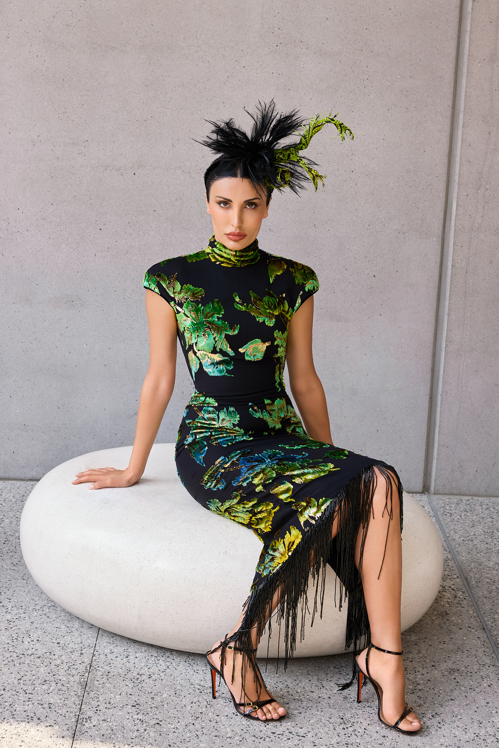 Devoré velvet midi dress with beaded fringe – Rasario