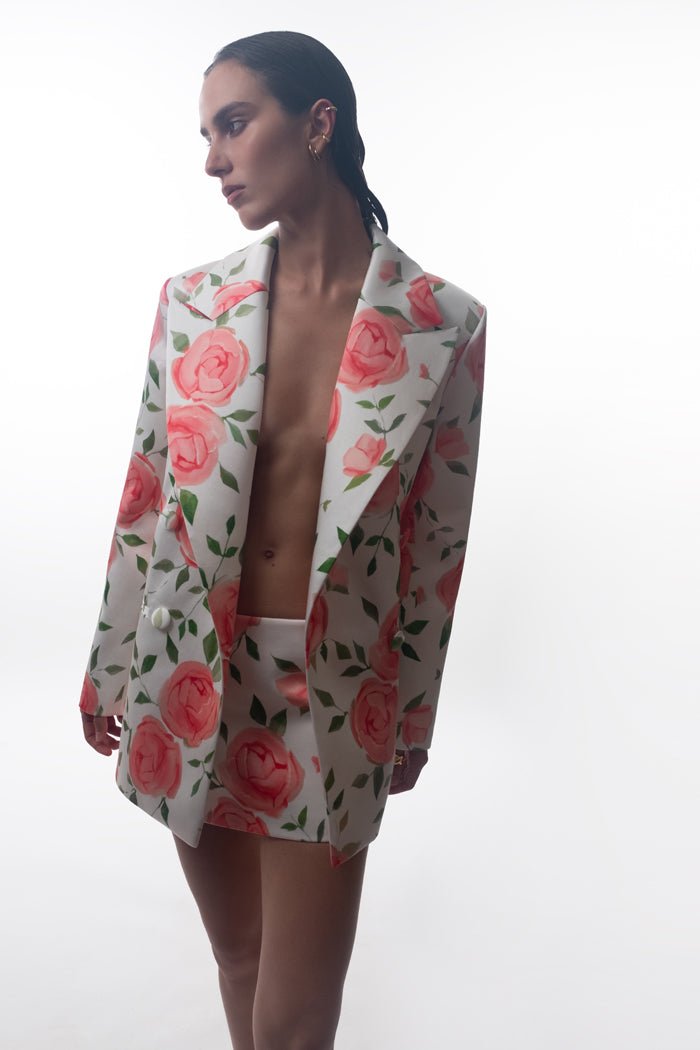 Double-breasted floral printed satin blazer – Rasario