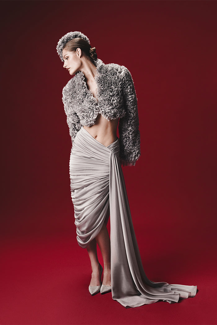 Draped chiffon midi skirt with a side train – Rasario