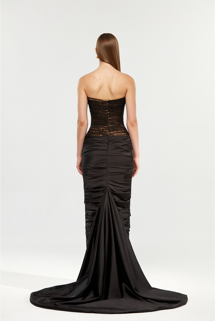 Draped lace and satin gown with a train – Rasario