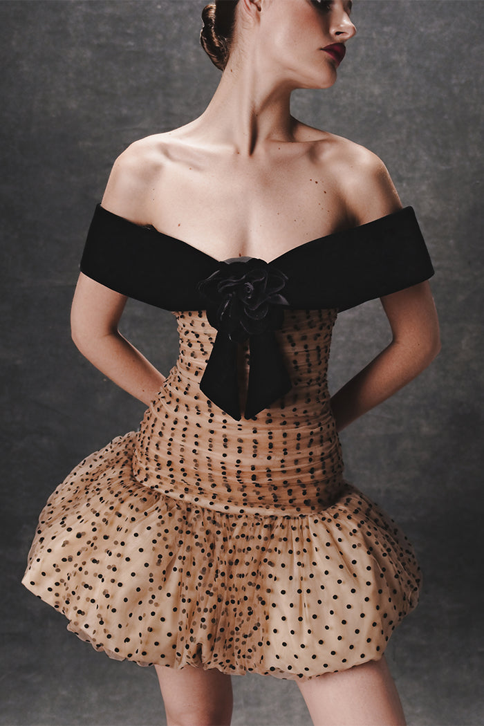 Draped polka dot tulle and velvet mini dress – Color: Beige