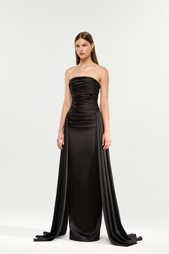Draped satin maxi dress with a train – Rasario