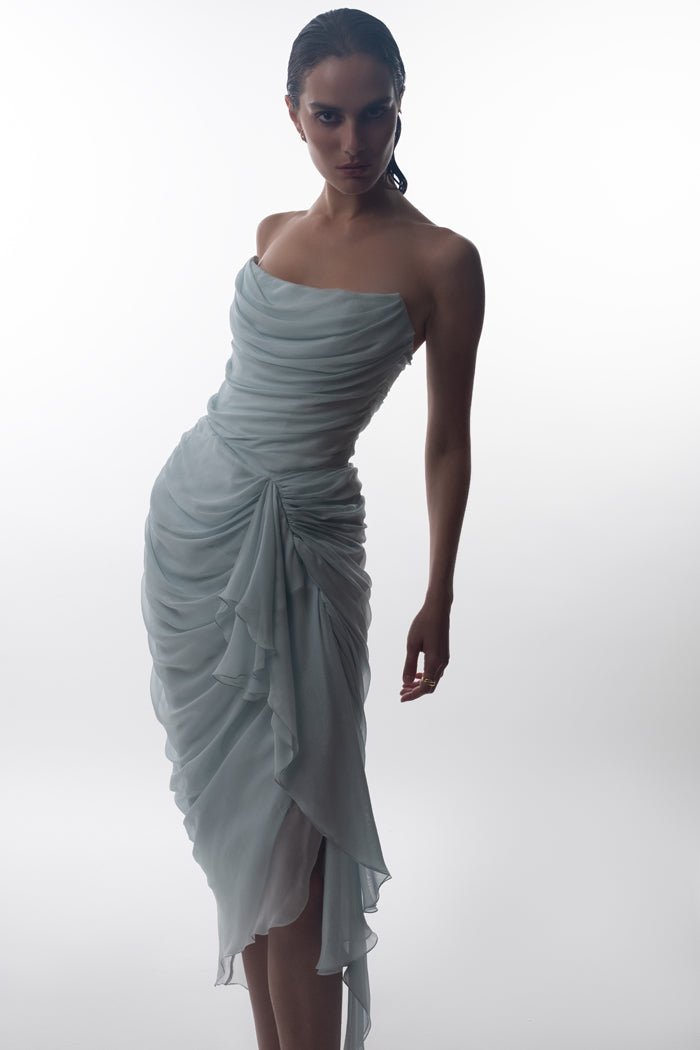 Draped silk chiffon corset midi dress – Rasario