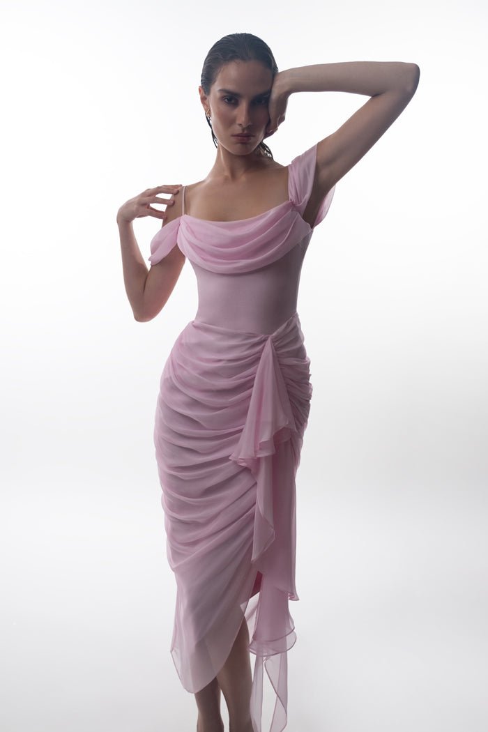 Draped silk chiffon corset midi dress – Rasario