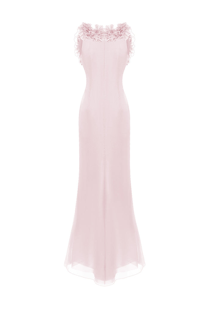 Draped silk chiffon dress with flowers and train – Rasario
