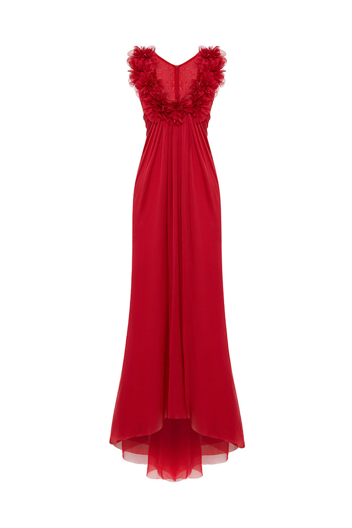 Draped silk chiffon dress with flowers and train – Color: Red – RASARIO Online Boutique 46 (FR) / Red