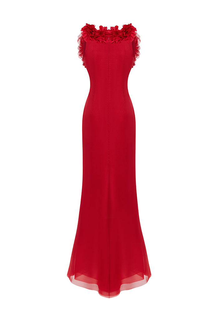 Draped silk chiffon dress with flowers and train – Rasario