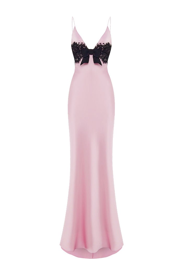 Floral printed satin and lace maxi dress with a bow – Color: Light pink/Black – RASARIO Online Boutique 40 (FR) / Light pink/Black