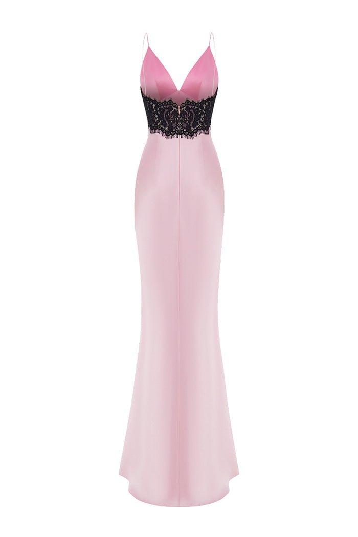 Floral printed satin and lace maxi dress with a bow – Rasario