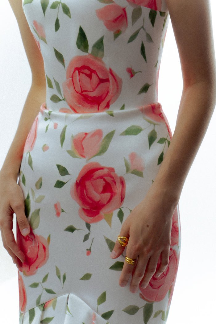 Floral printed satin maxi dress with ruffled skirt – Rasario