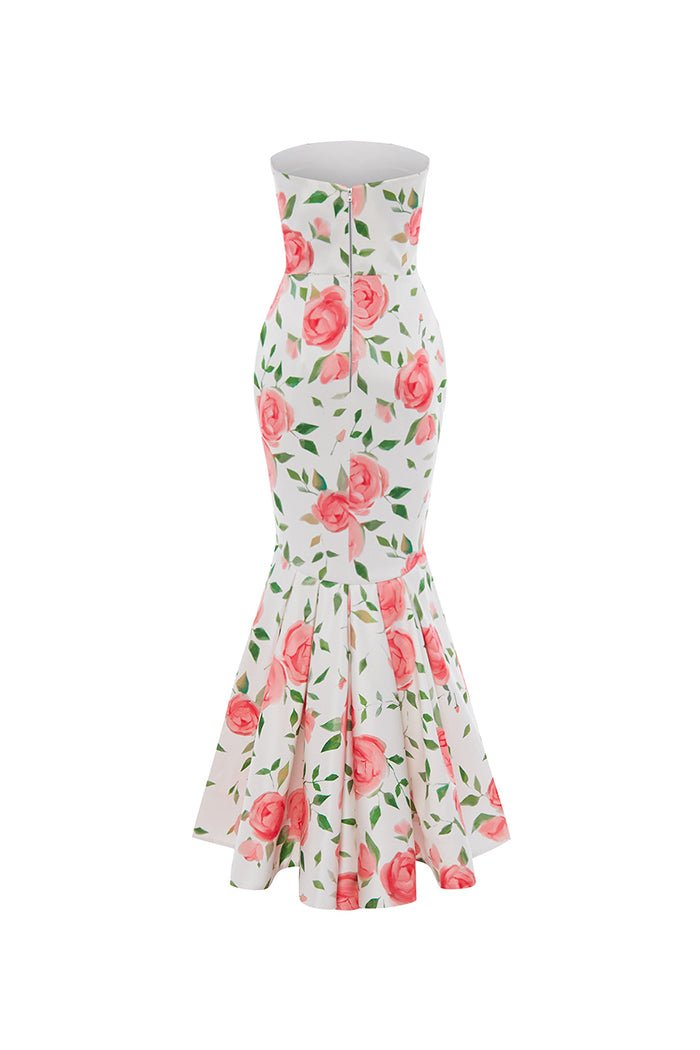 Floral printed satin maxi dress with ruffled skirt – Rasario