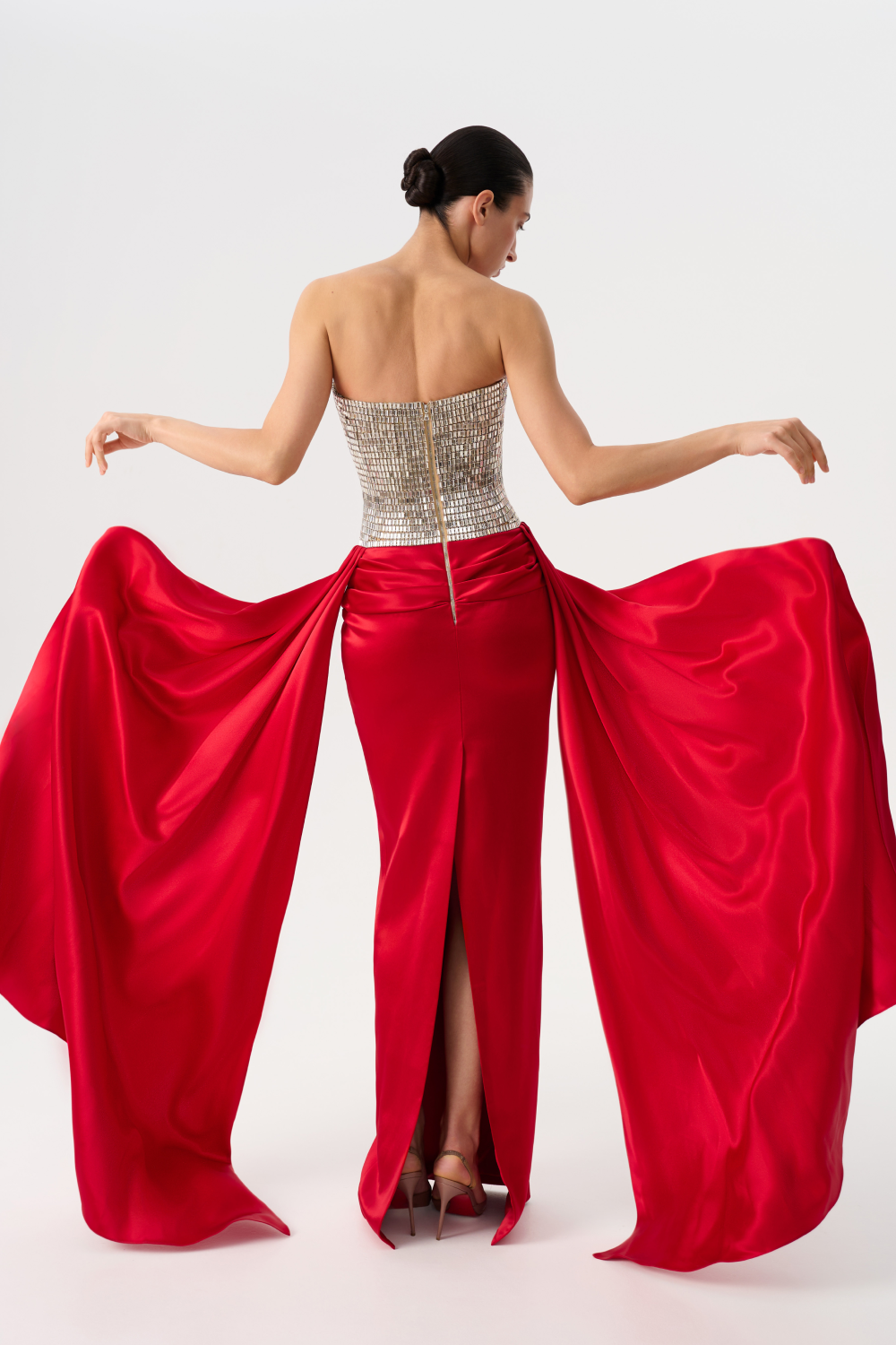 Crystal embellished corset satin dress with a train