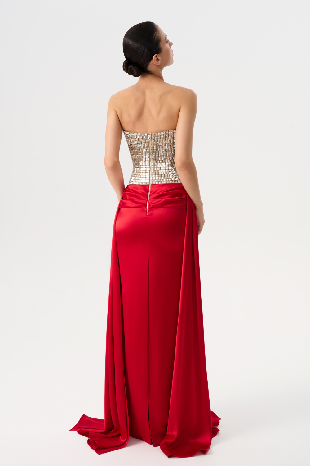 Crystal embellished corset satin dress with a train