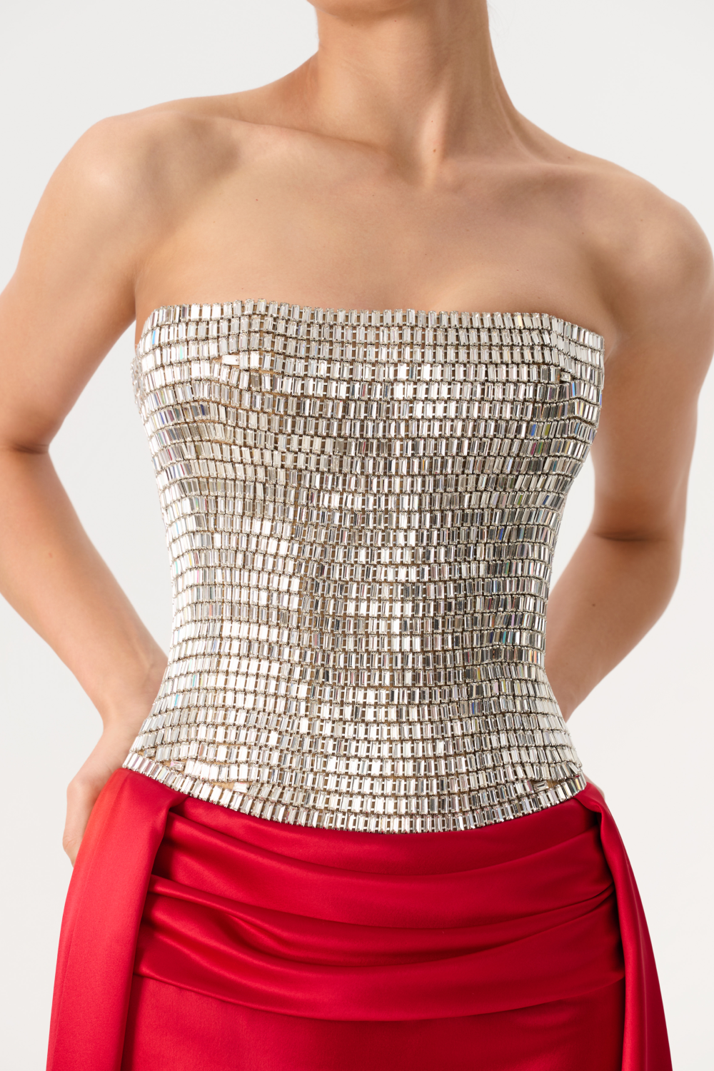 Crystal embellished corset satin dress with a train