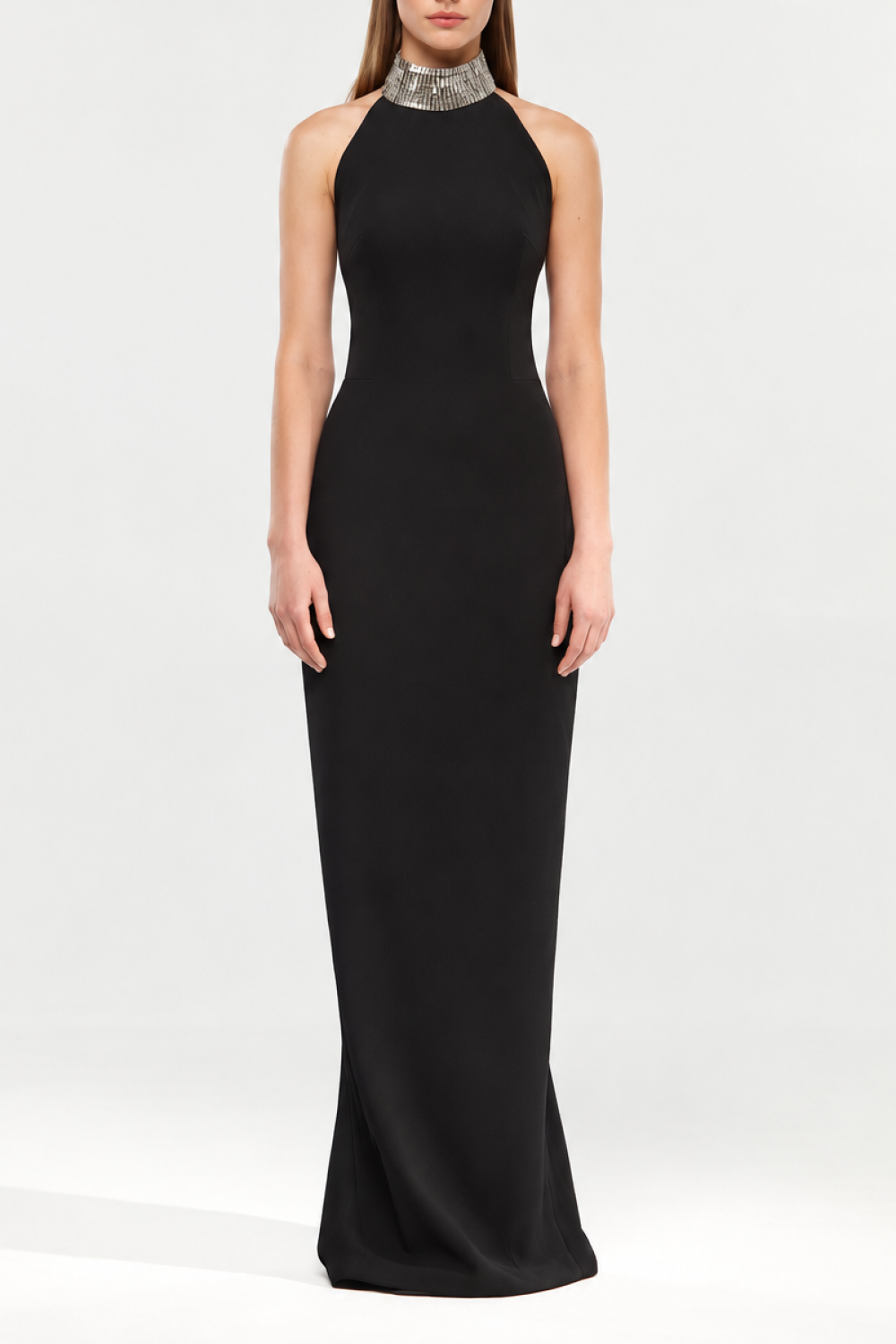 Satin maxi dress with a crystal embellished neck