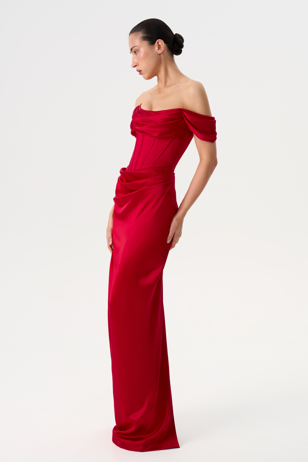 Off-the-shoulder draped corset satin gown