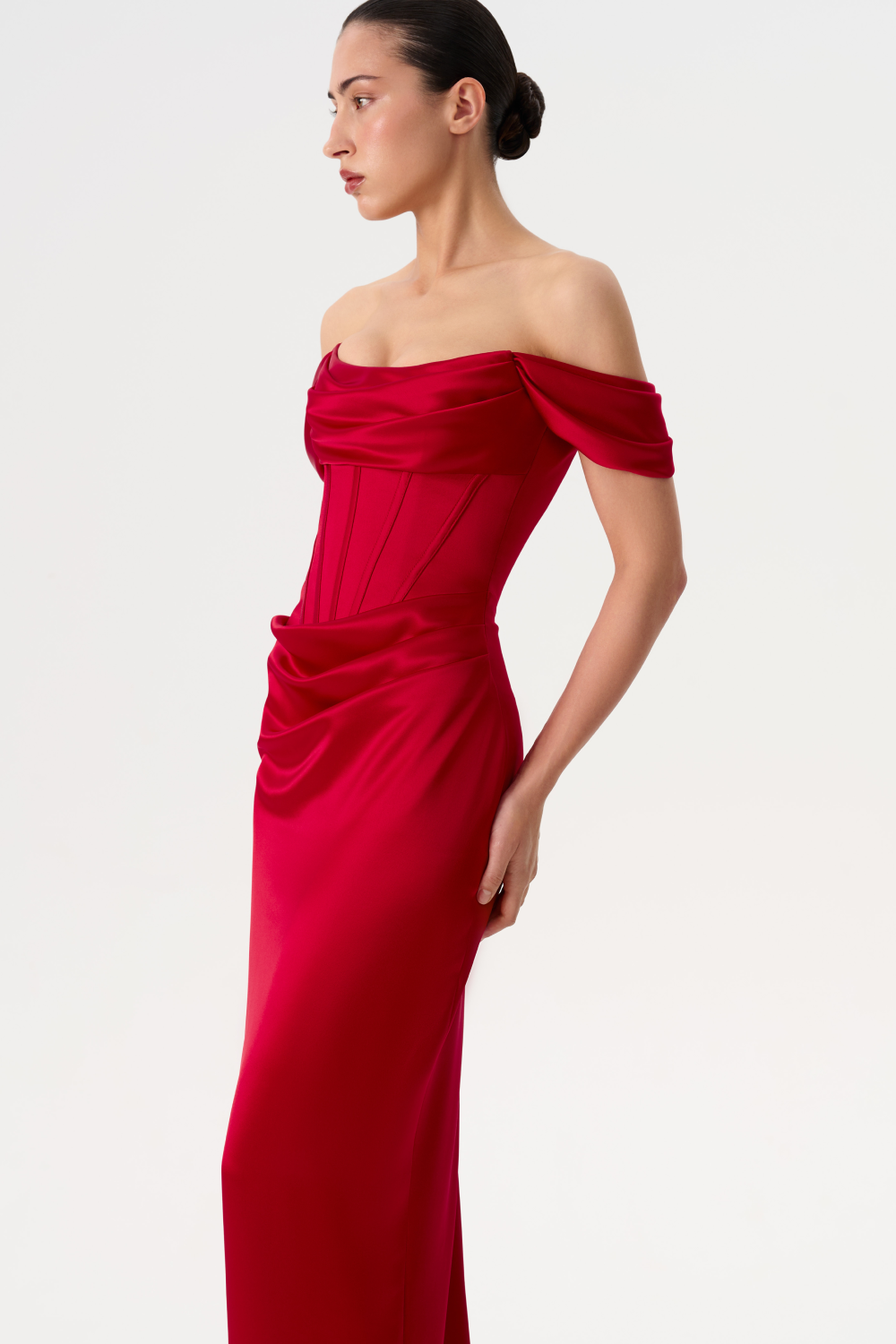 Off-the-shoulder draped corset satin gown