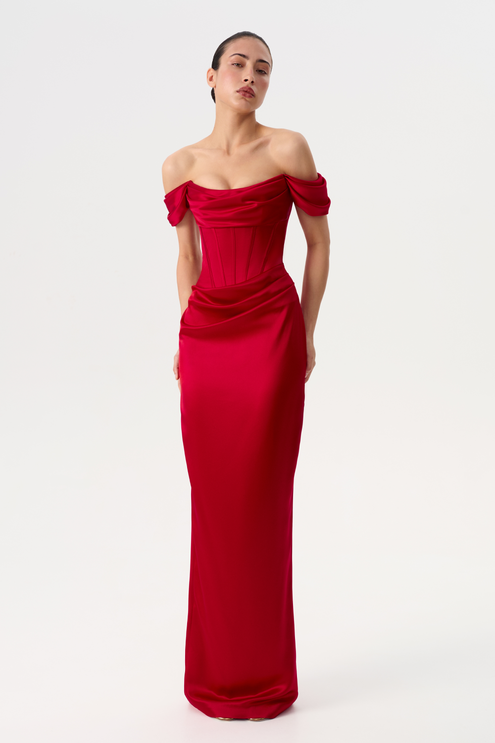 Off-the-shoulder draped corset satin gown