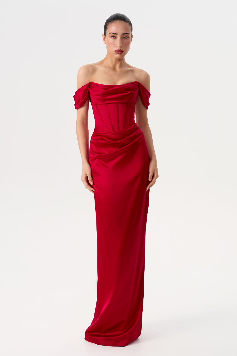 Off-the-shoulder draped corset satin gown