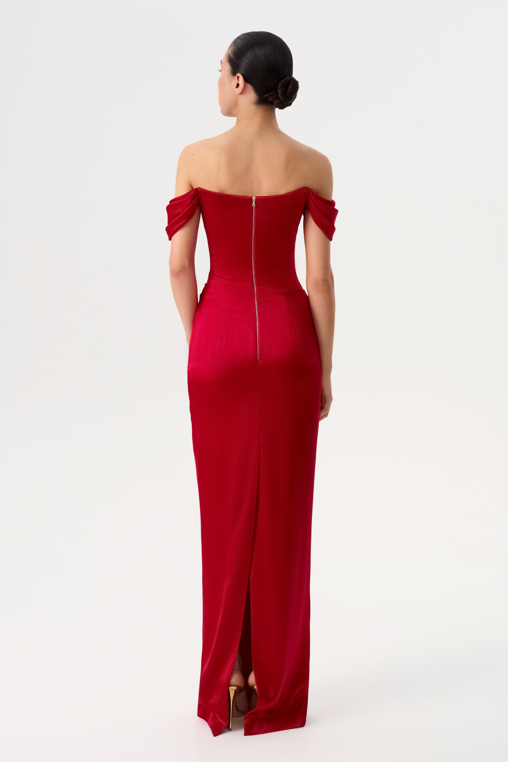 Off-the-shoulder draped corset satin gown