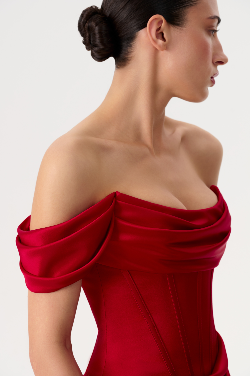 Off-the-shoulder draped corset satin gown