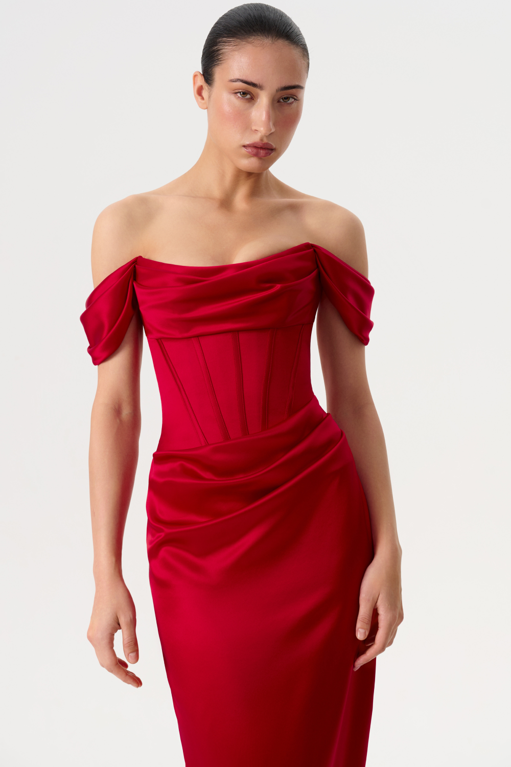 Off-the-shoulder draped corset satin gown