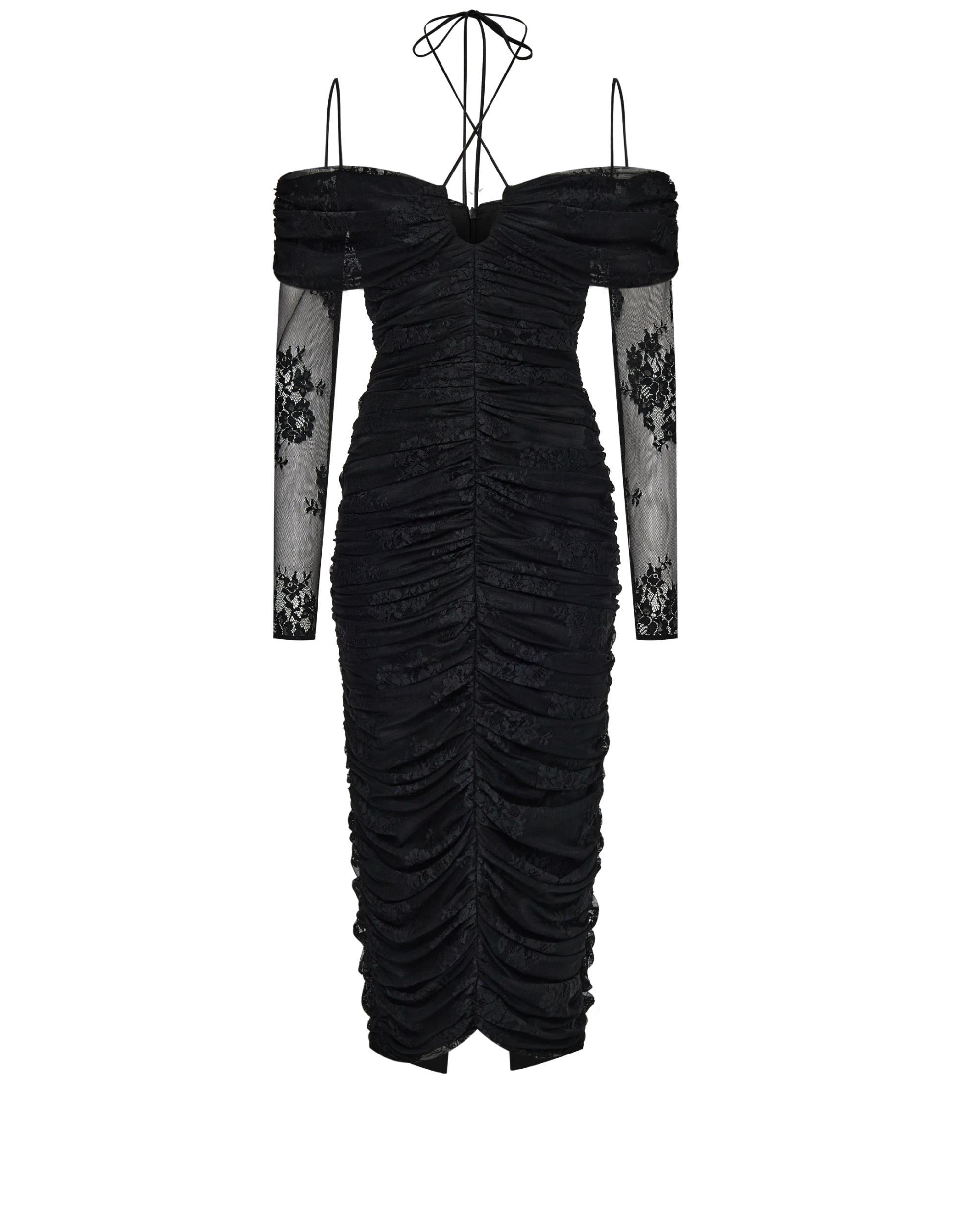 Draped off-the-shoulder lace midi dress