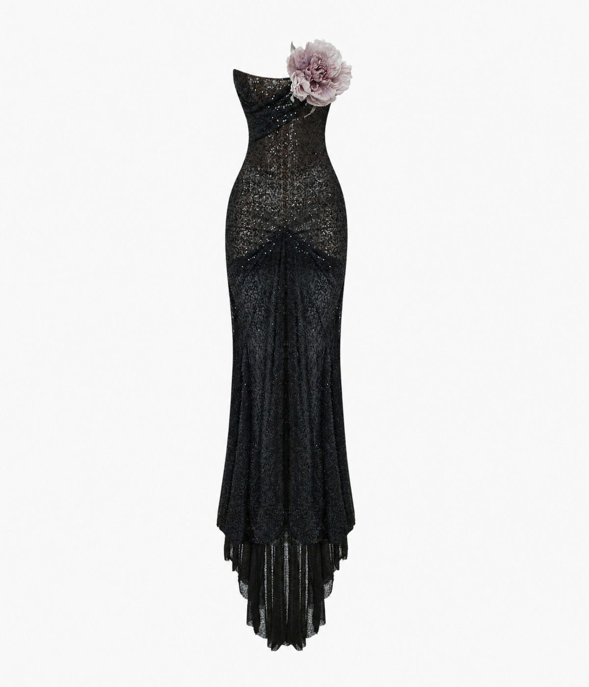 Long embroidered dress with an asymmetrical top and a silk brooch