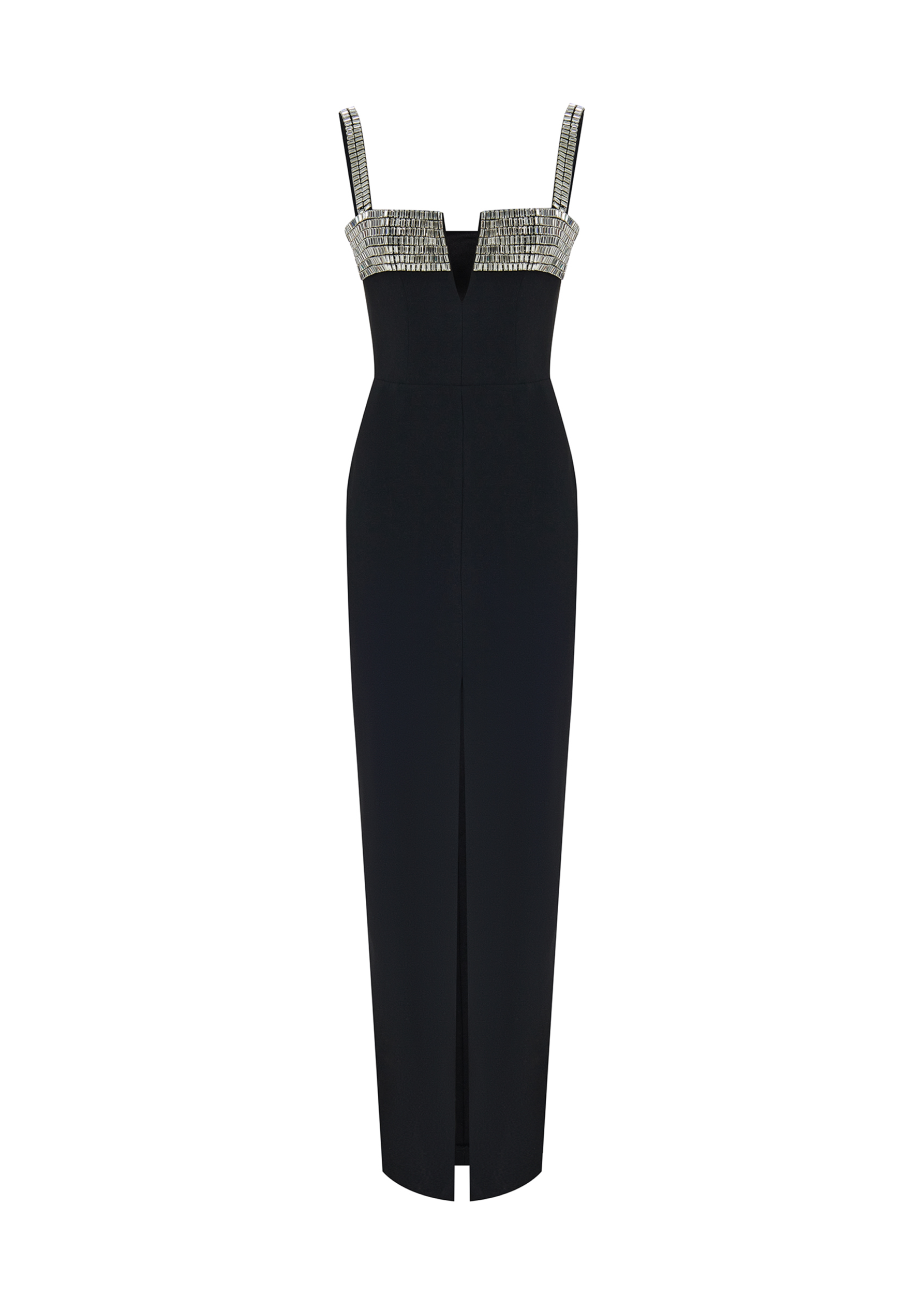 Crystal embellished crepe maxi dress with a slit