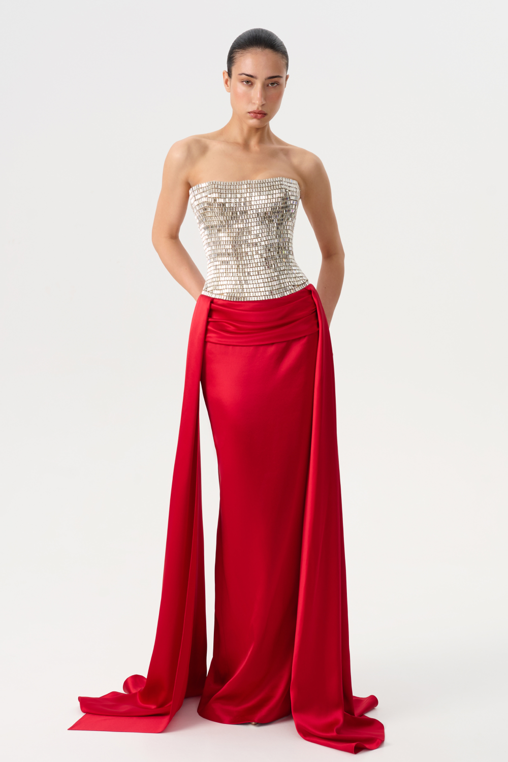 Crystal embellished corset satin dress with a train