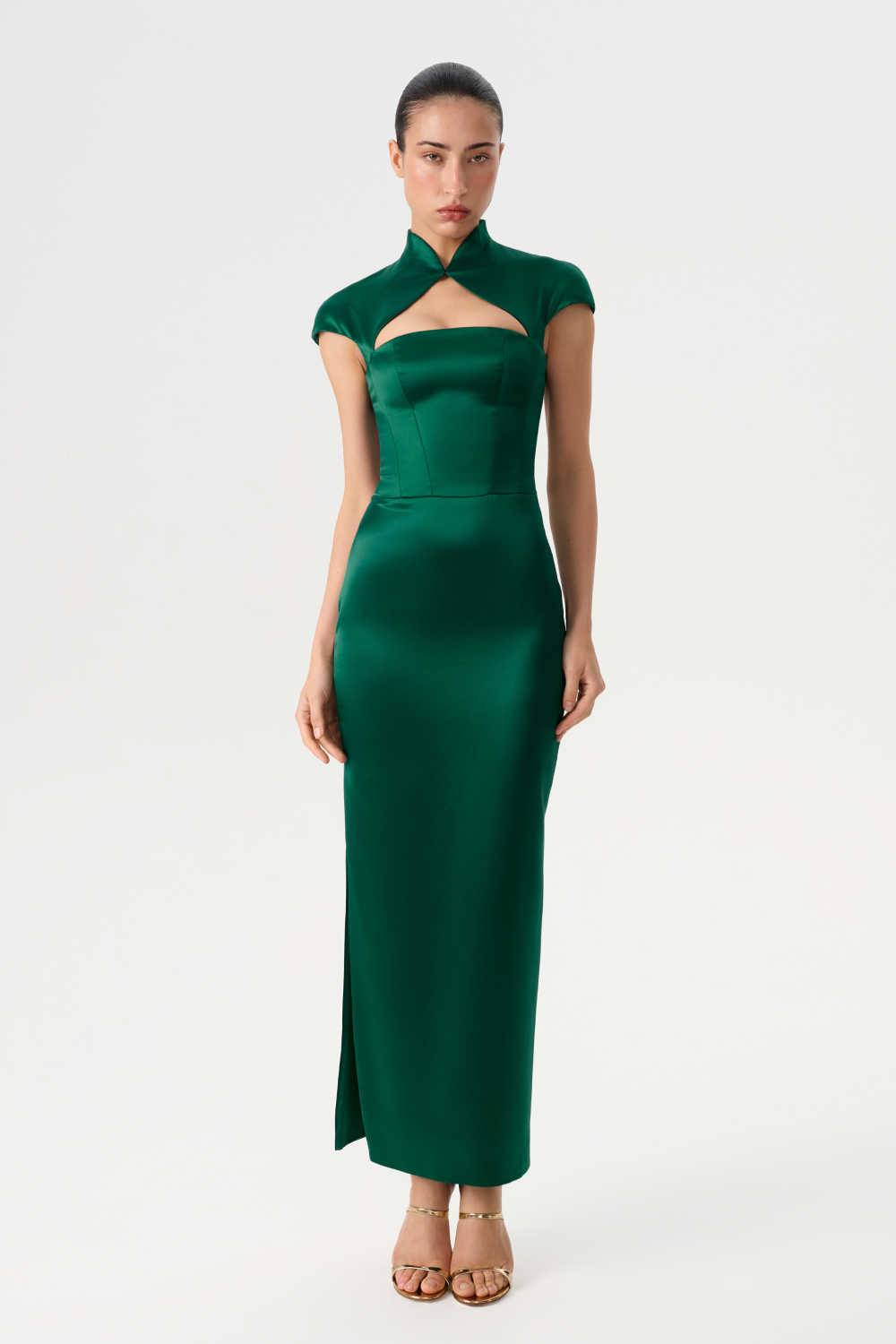 Long midi corset satin dress with a side slit