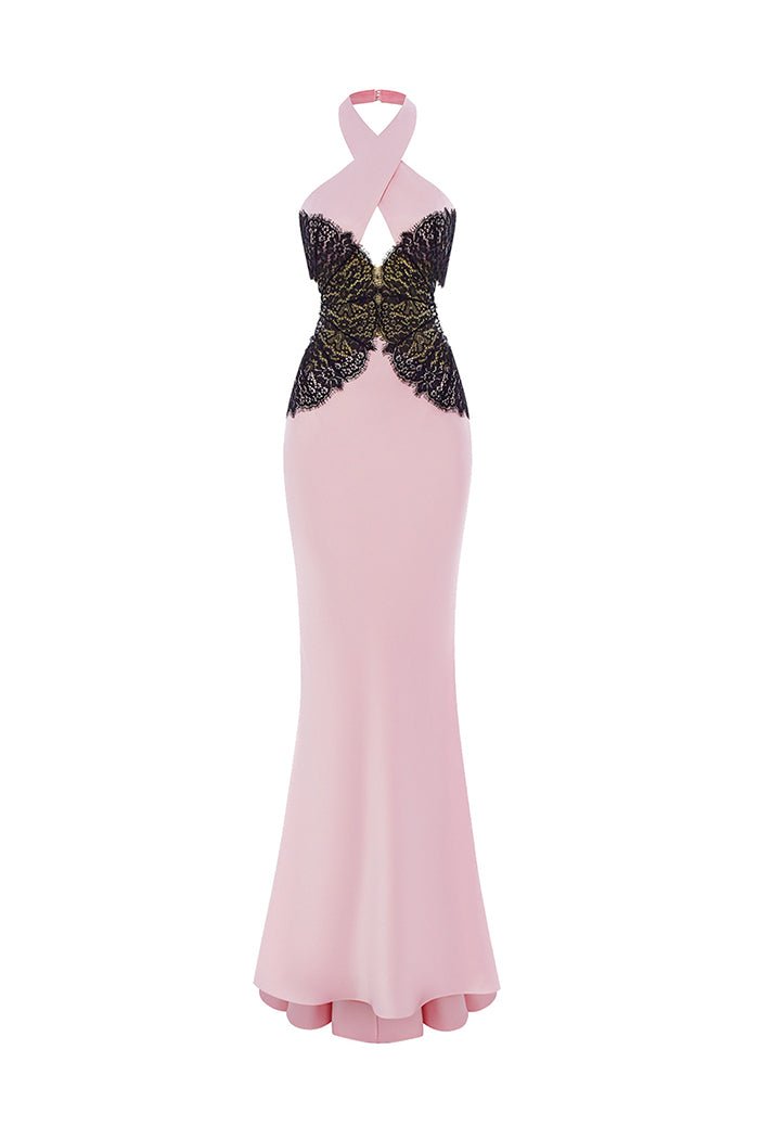 Halterneck satin and lace maxi dress with cutouts – Rasario
