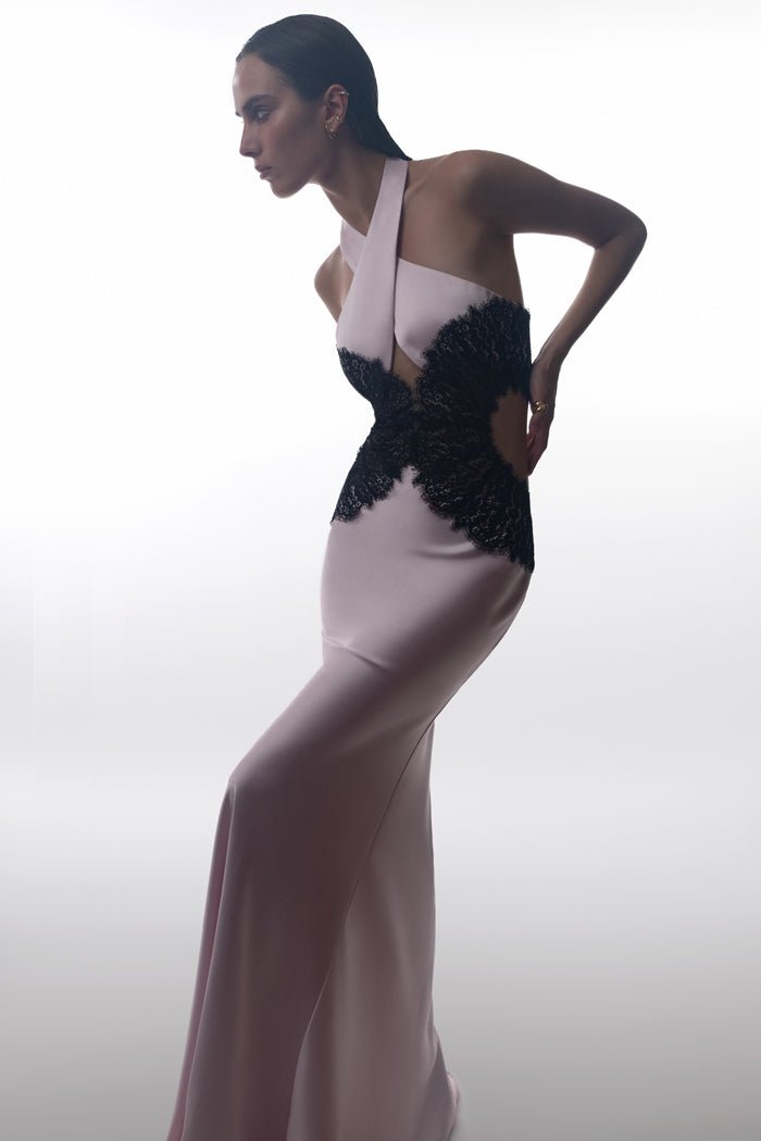 Halterneck satin and lace maxi dress with cutouts – Rasario