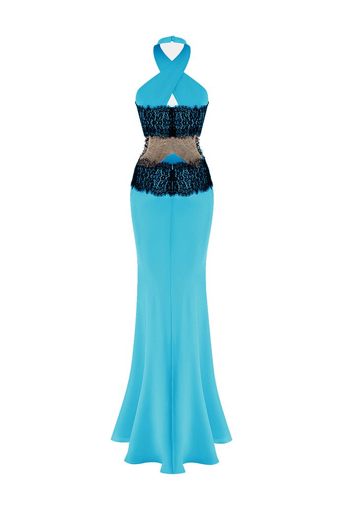 Halterneck satin and lace maxi dress with cutouts – Rasario
