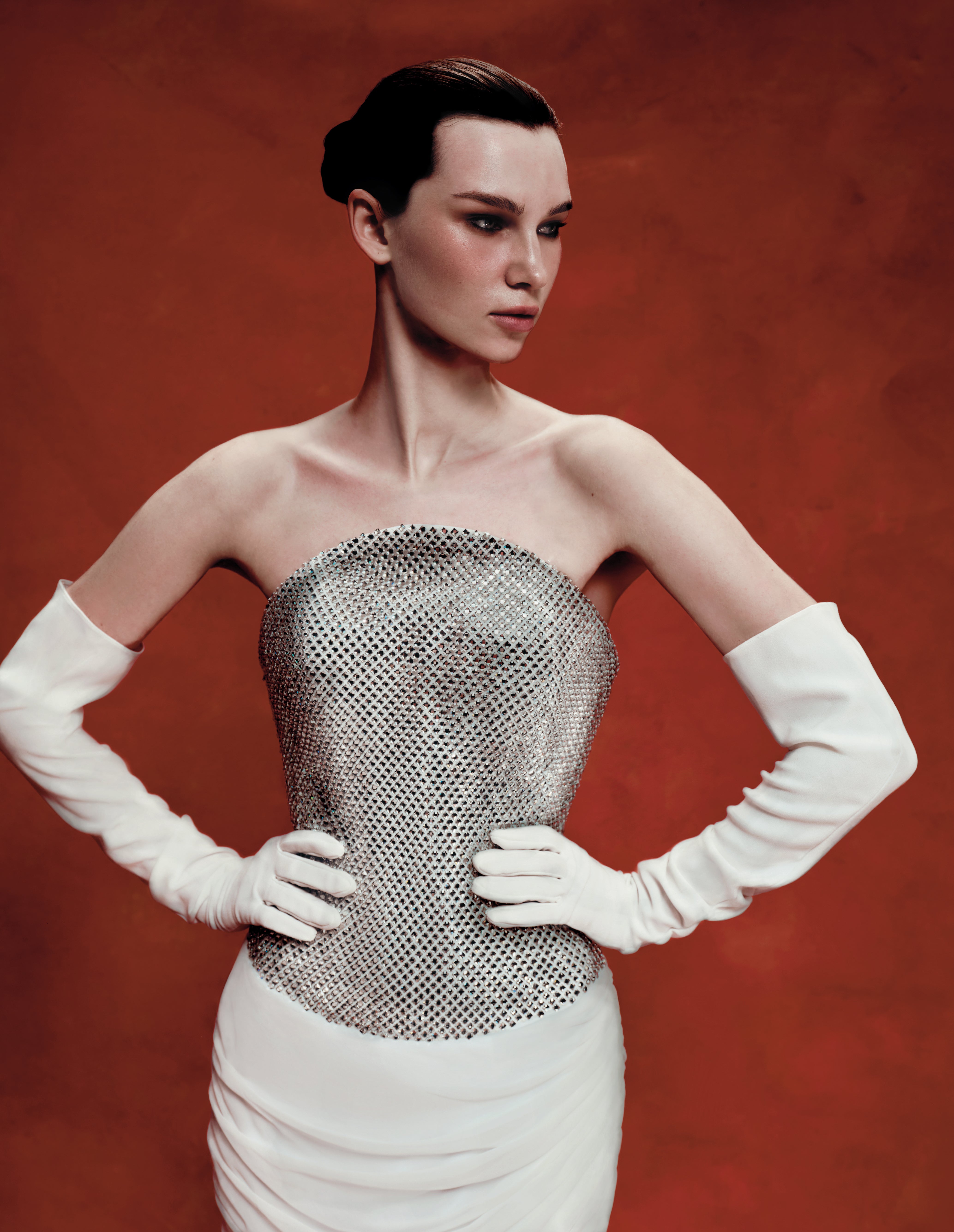 Crystal corset and silk chiffon dress