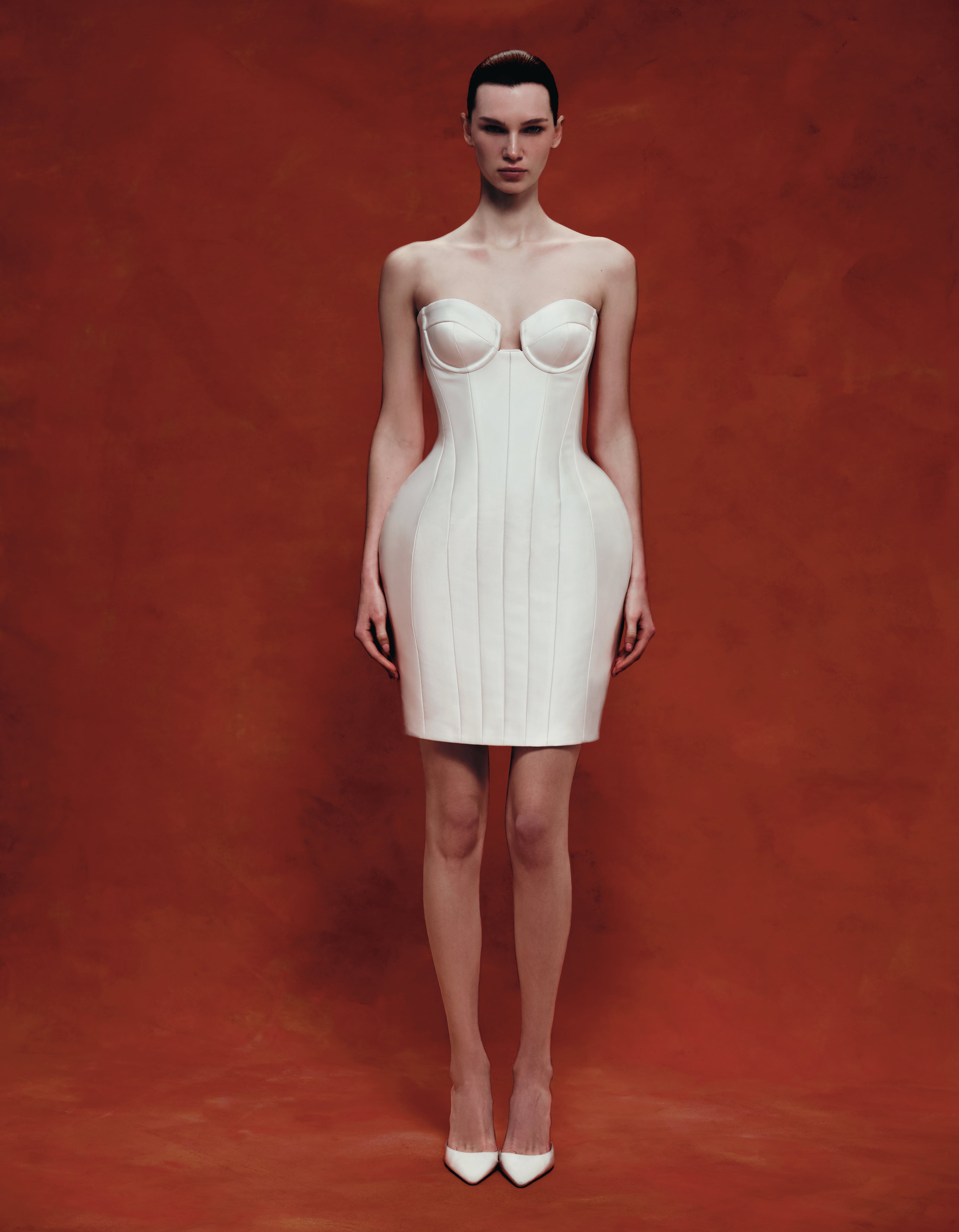 Satin corset mini dress with voluminous skirt