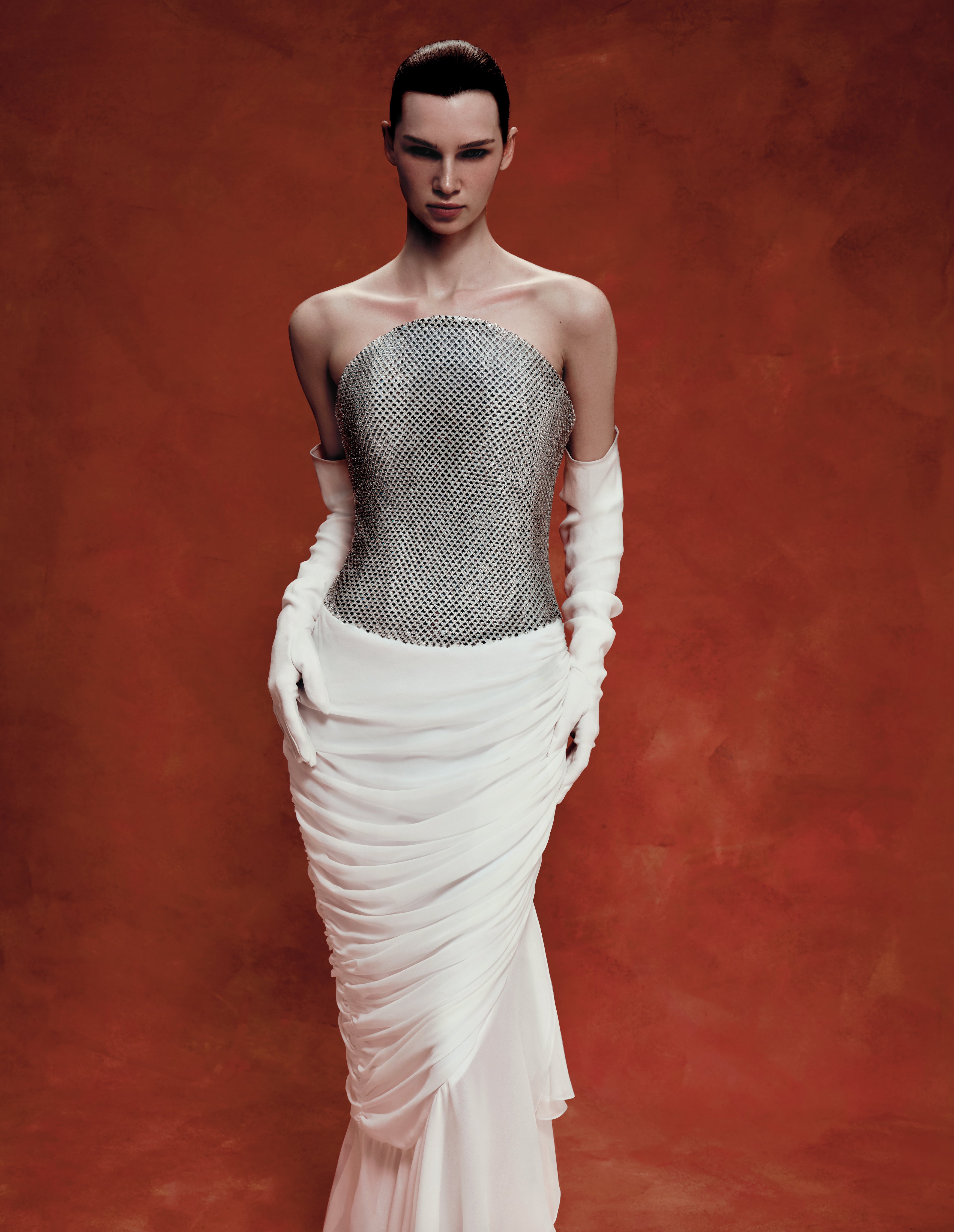 Crystal corset and silk chiffon dress