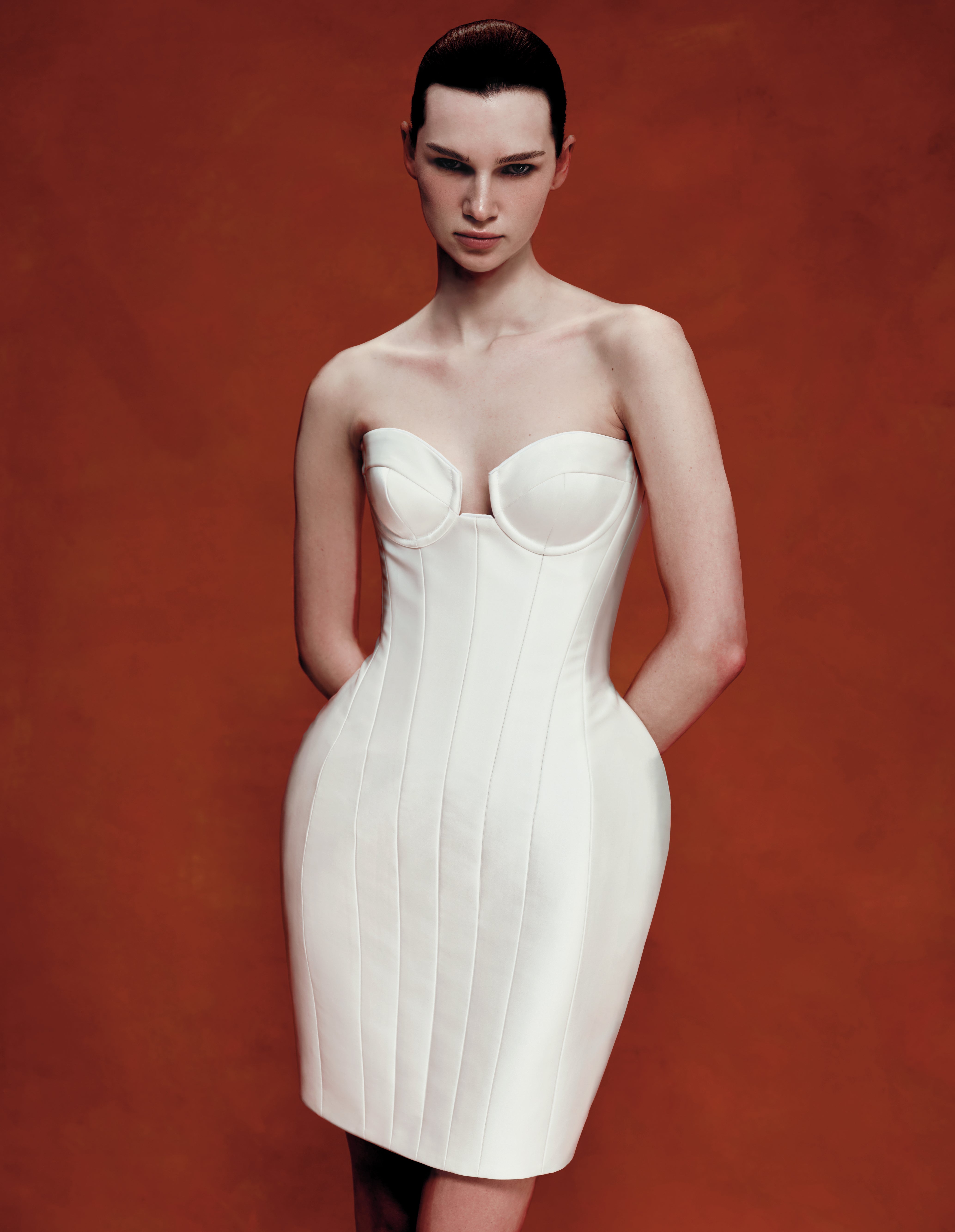 Satin corset mini dress with voluminous skirt