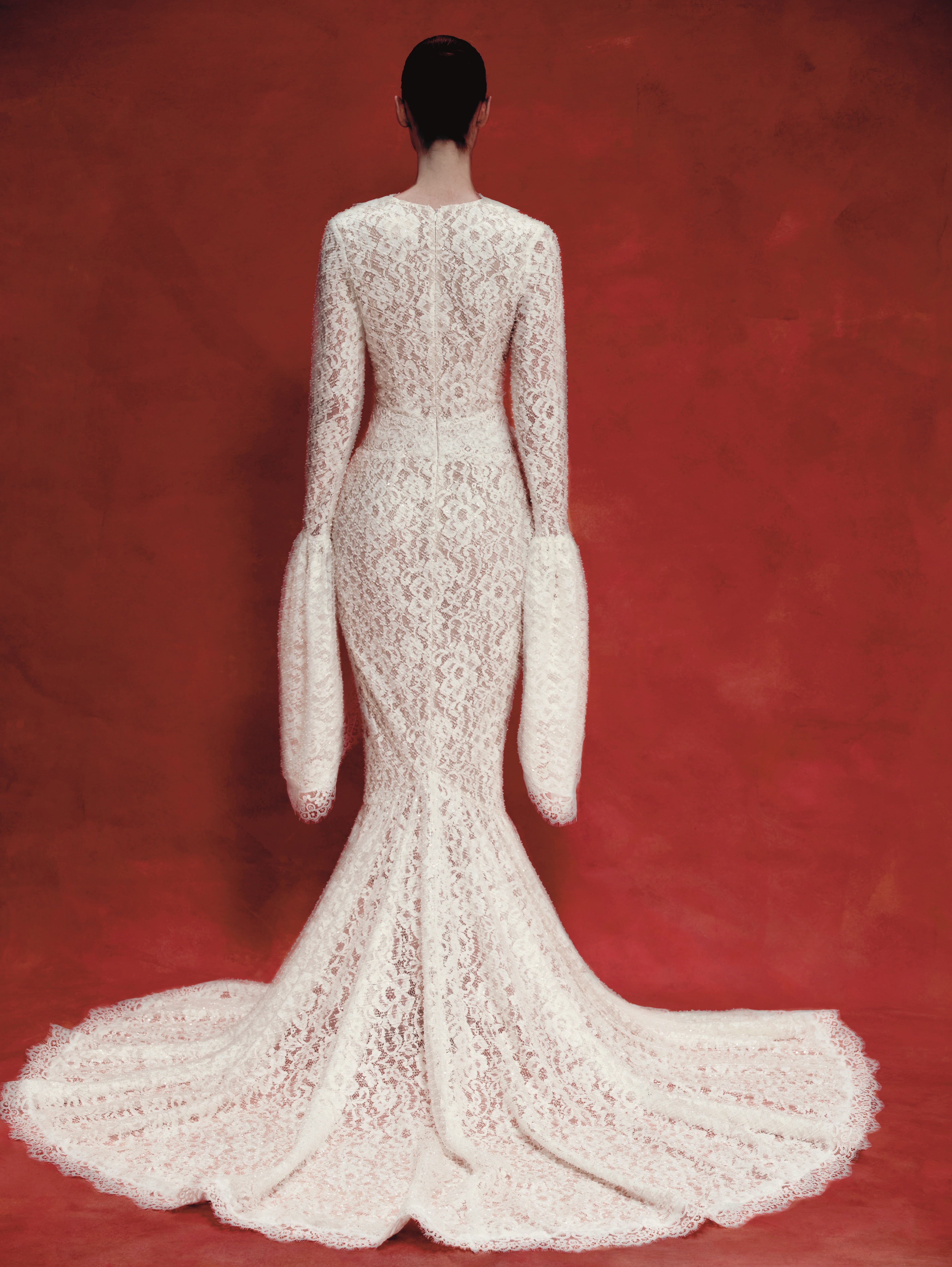 Maxi dress with a train and corded lace inserts