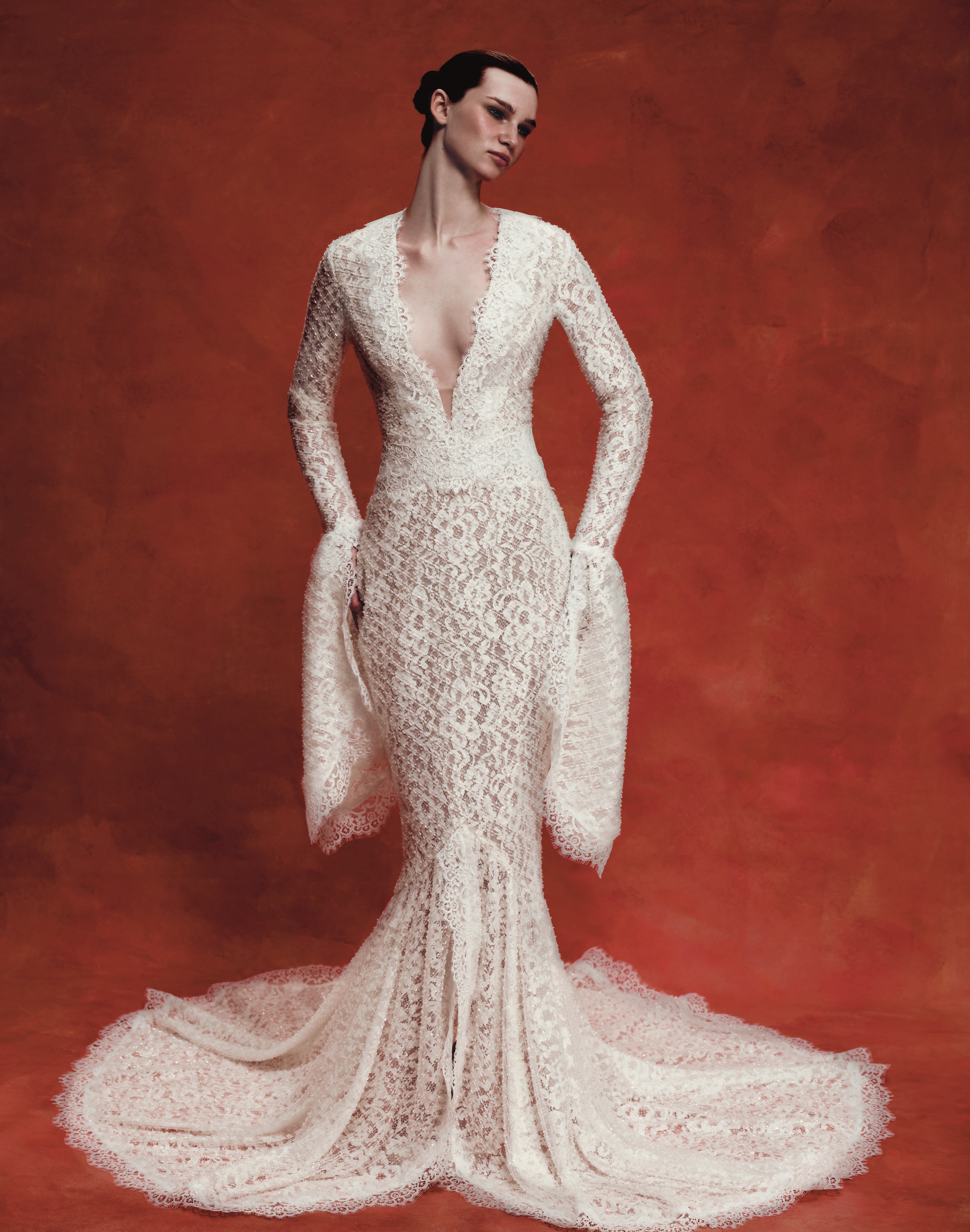 Maxi dress with a train and corded lace inserts