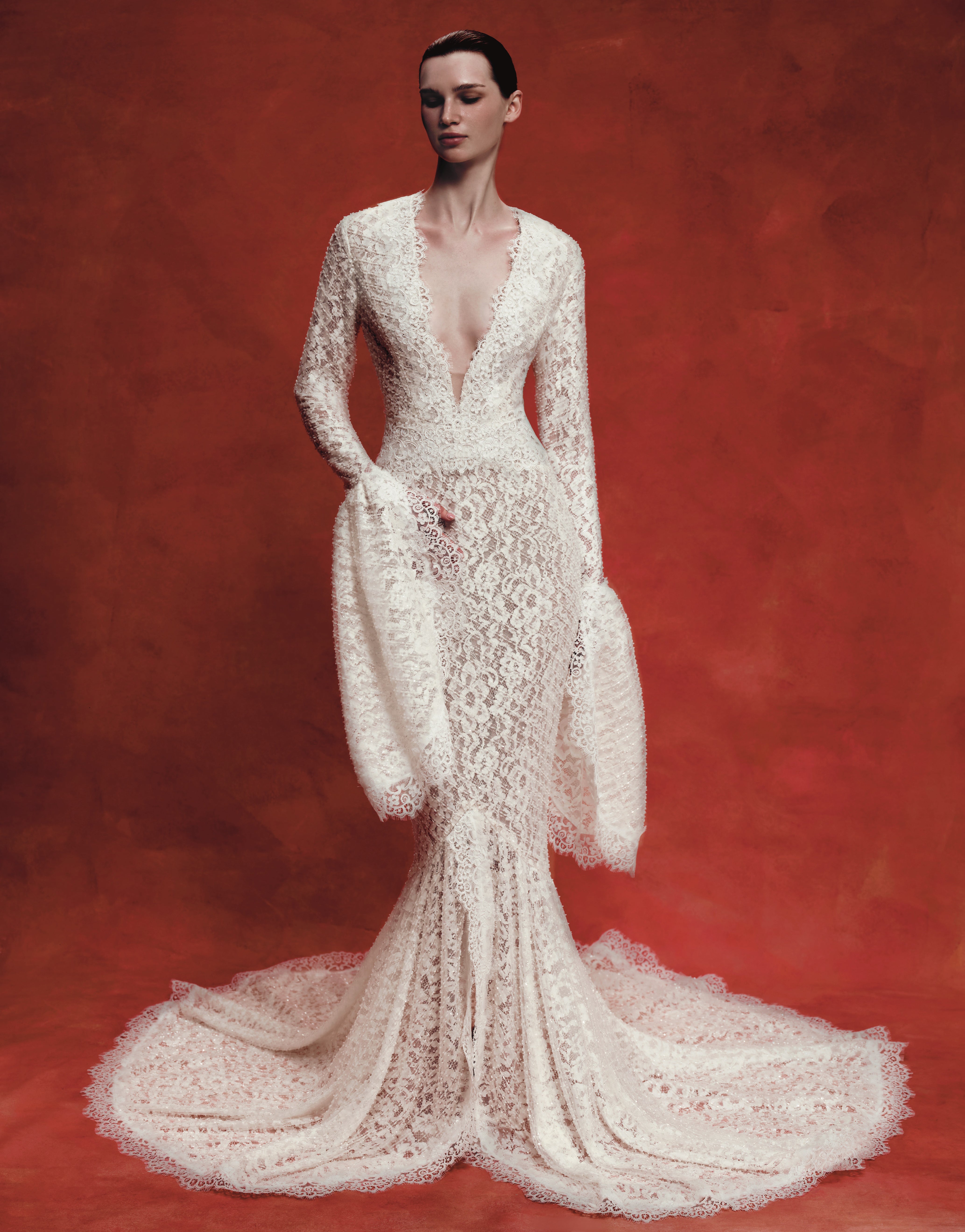 Maxi dress with a train and corded lace inserts