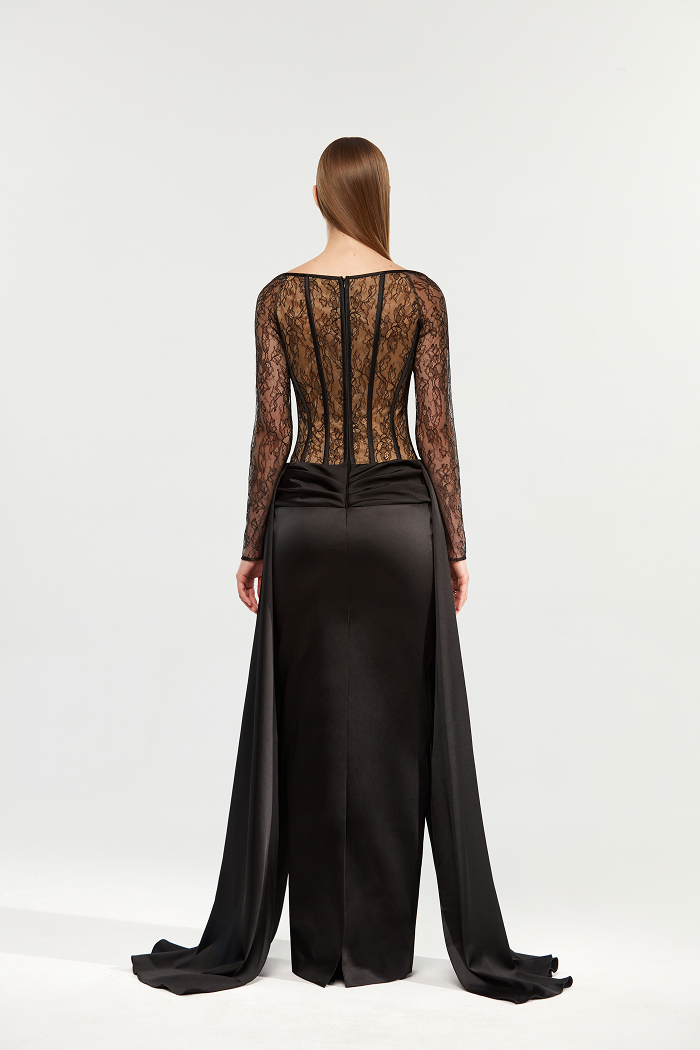 Lace and satin corset gown dress with a train – Rasario