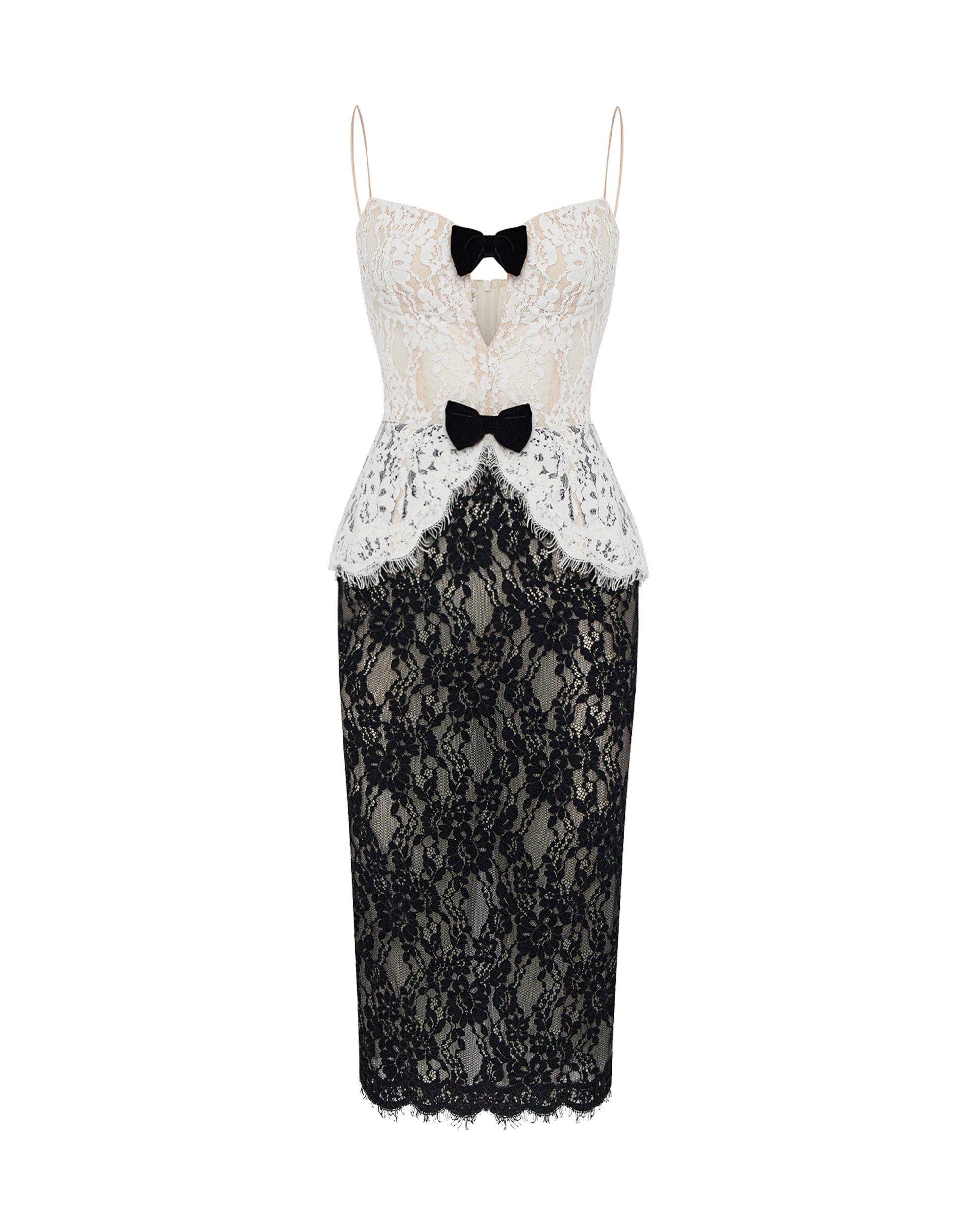 Lace corset midi dress with bows – Color: White/black – RASARIO Online Boutique 34 (FR) / White/black