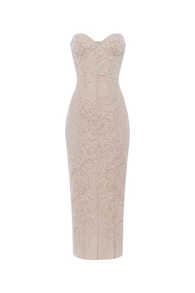 beige lace strapless dress White Uniquely Confident Cream Lace Feather Strapless Midi Dress | Womens | Large (Available in M) | 100% Polyester | Lulus