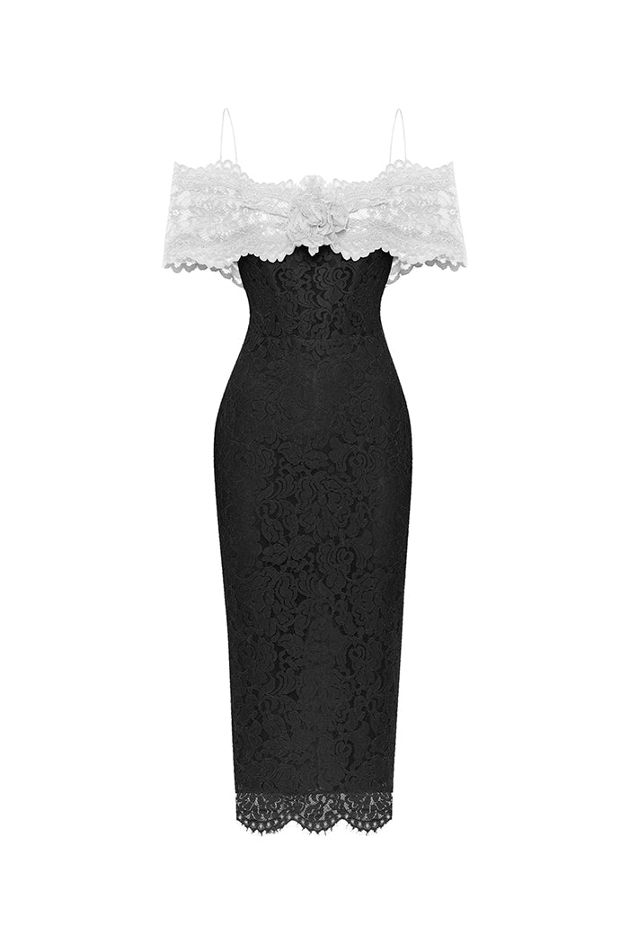 Lace midi dress with a flower – Color: White/black – RASARIO Online Boutique