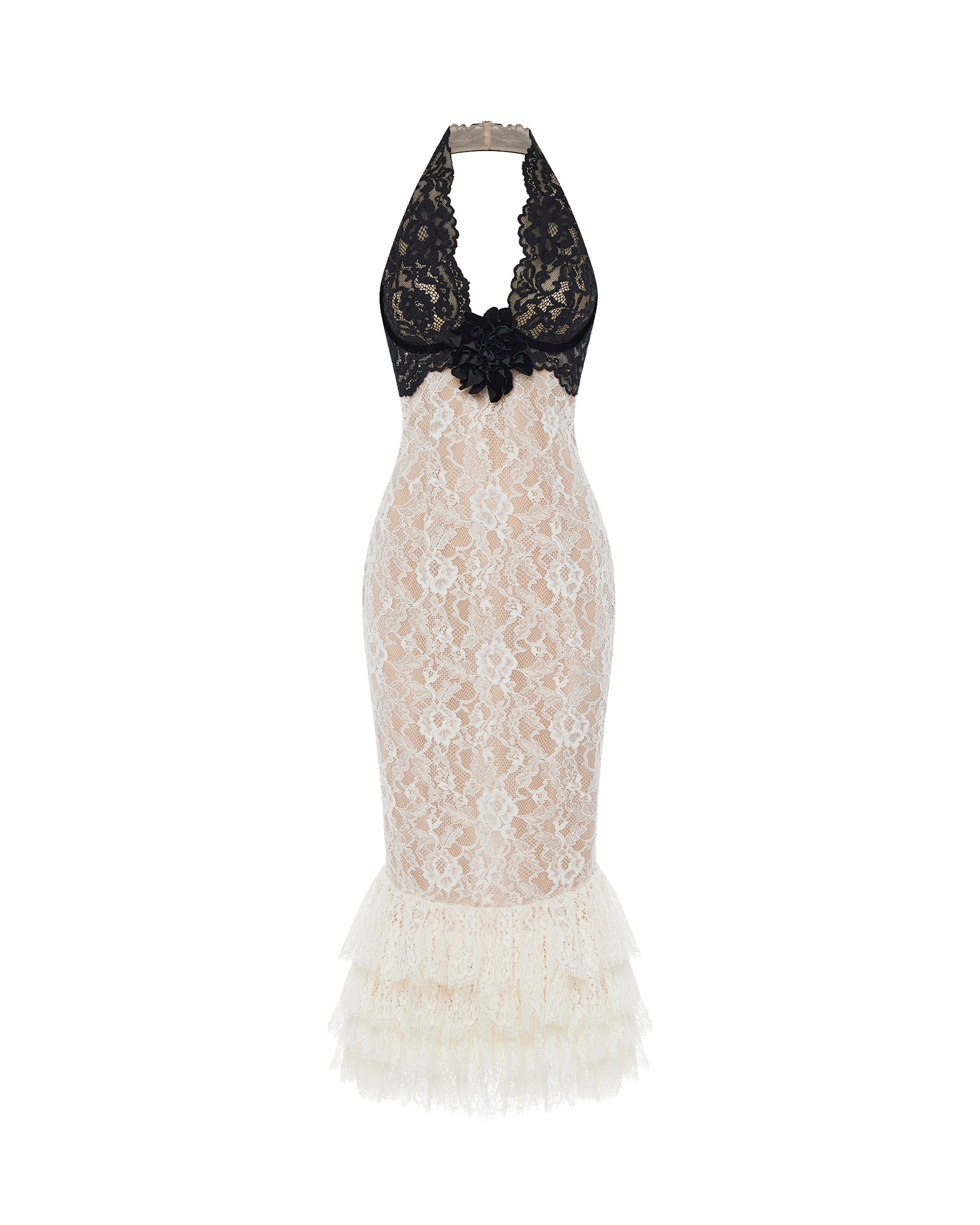 rasario black and white dress Lace midi with a flower – Color: White/black – Online Boutique 44 (FR) / White/black Collusion - Denim Halter Designer couture for the FitTypeLabel: Curve hugging - Shaped silhouette Pumpkin Dress For Toddler (Size):18-24 Months