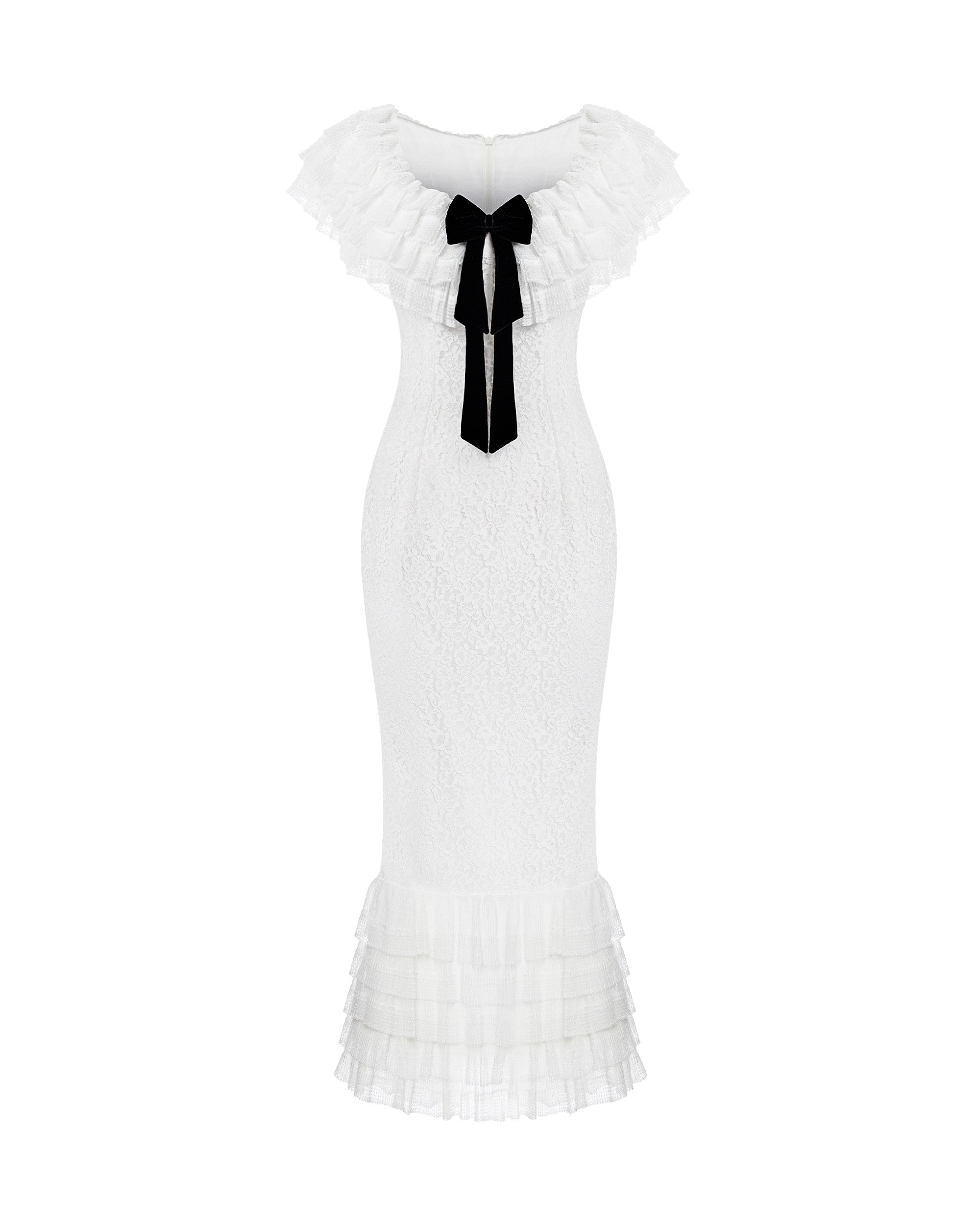 white lace dress black bow midi with a velvet – Color: – RASARIO Online Boutique 36 (FR) / White The long 0-6 months:6-12 months 262M7252 - Off-Shoulder Embroidered smocked bodice maxi