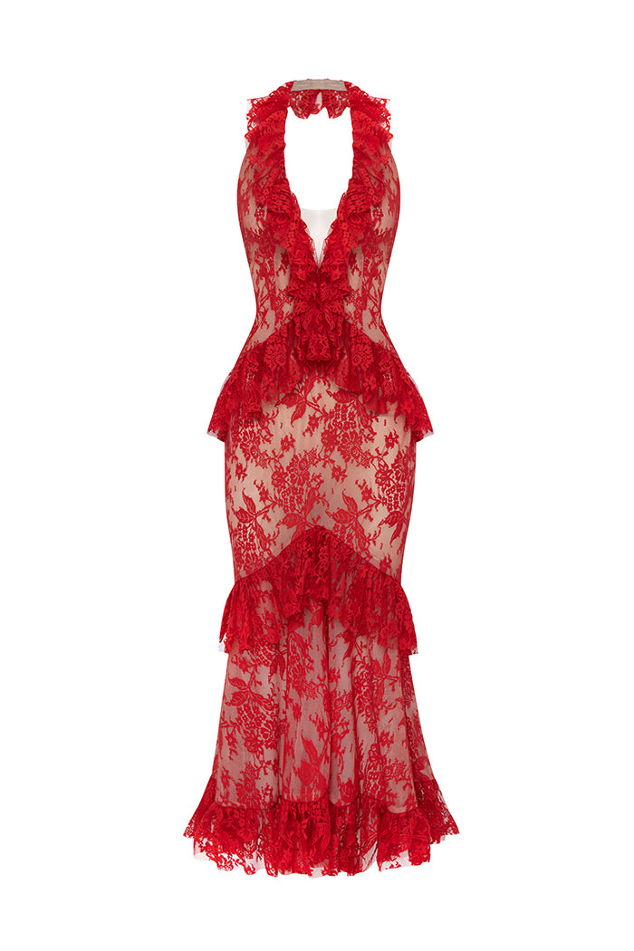 Lace midi dress with ruffles – Color: Red – RASARIO Online Boutique 42 (FR) / Red