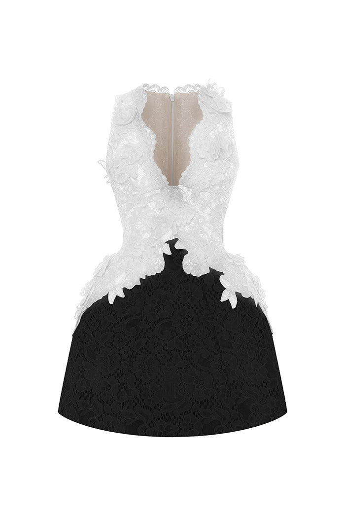 Lace mini dress with voluminous skirt – Color: White/black – RASARIO Online Boutique 36 (FR) / White/black