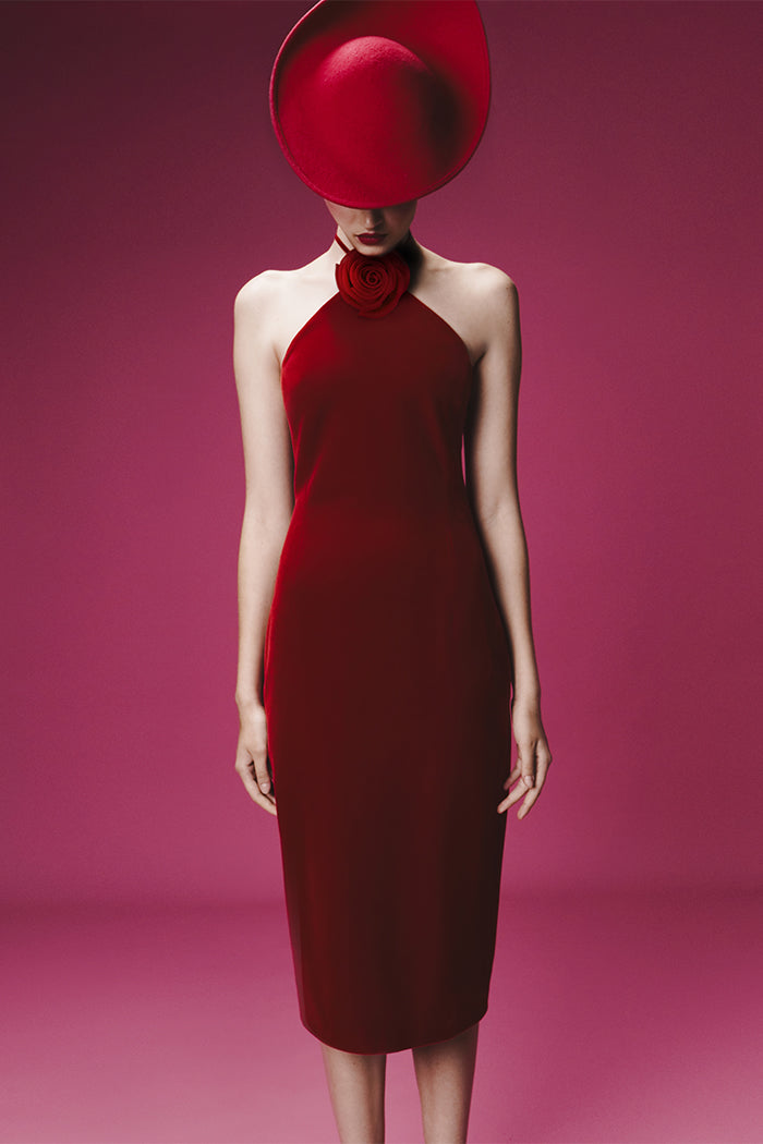 Midi velvet dress with a flower – Rasario